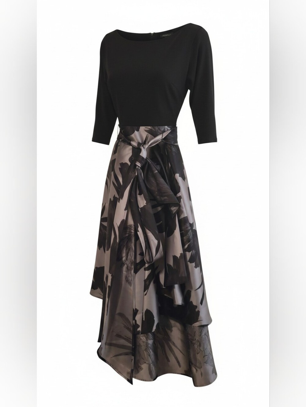 Roz & Ali Black and Taupe Floral High-Low Satin Skirt with Waist Tie Accent